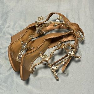 Beautiful blingy wedges, tan. Never worn.